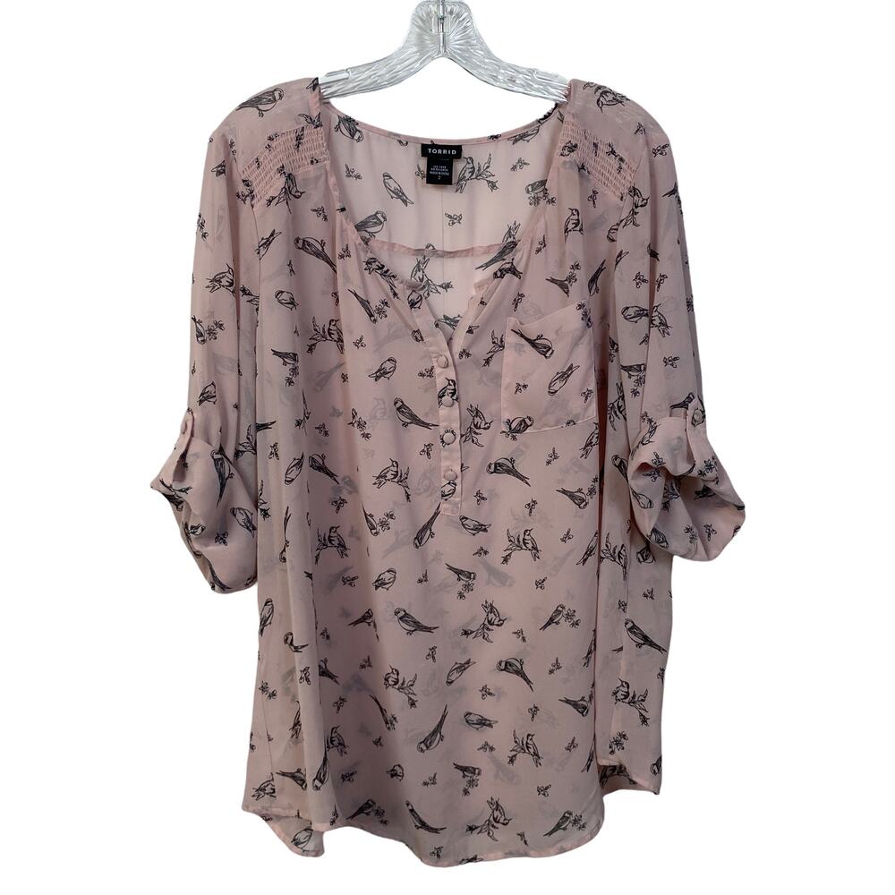 TORRID Sz 2 Sheer Pink Top Bird Novelty Print Flowy Roll Tab Sleeves Pullover